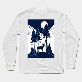 Stag in Moonlit Mountains Linocut Long Sleeve T-Shirt